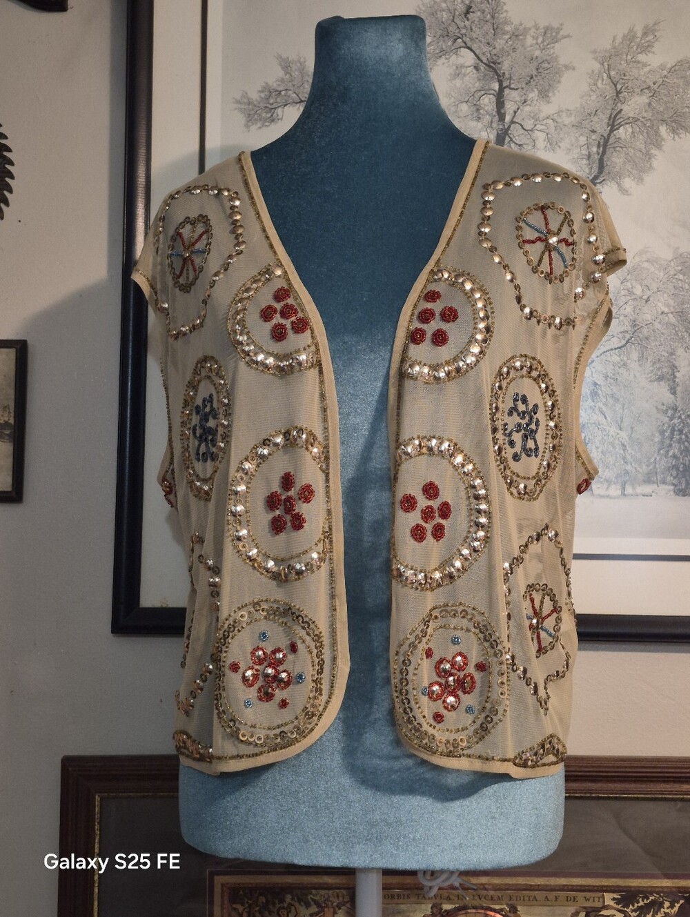 Midnight Velvet Vintage Style Beaded Sequin Mesh Open Vest Top Sz Large